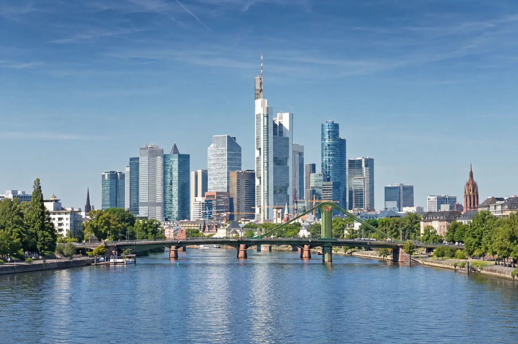 Frankfurter Skyline über dem Main mit einer Brücke im Vordergrund, blauer Himmel