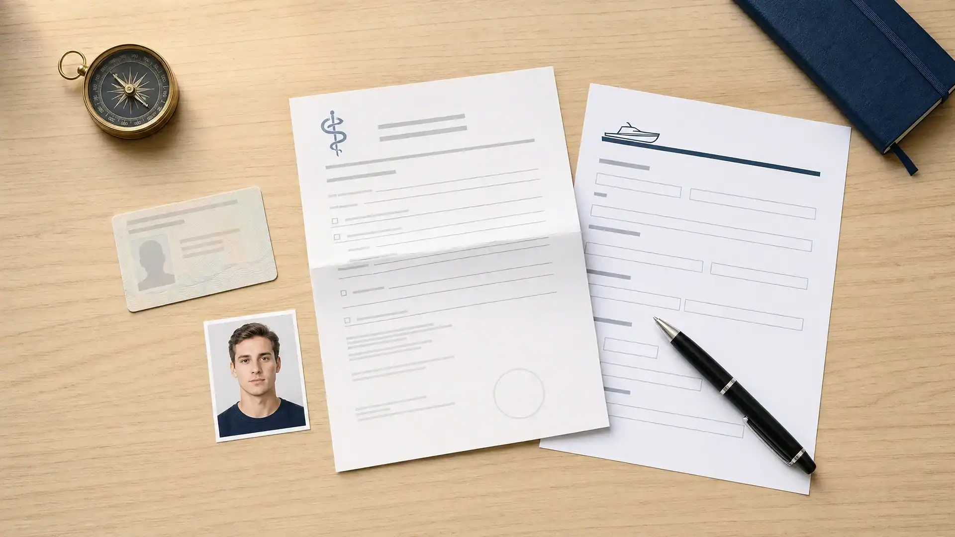 Checkliste mit Personalausweis, Passbild, ärztlichem Attest und Anmeldeformular für den Sportbootführerschein