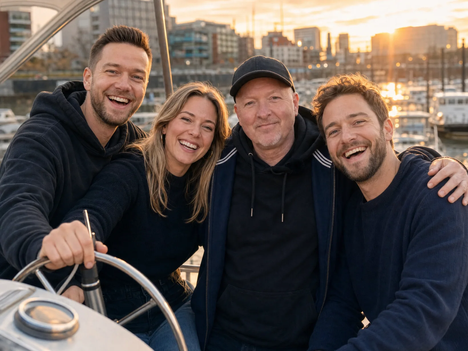 Joey Kelly mit Freunden am Steuer eines Motorboots