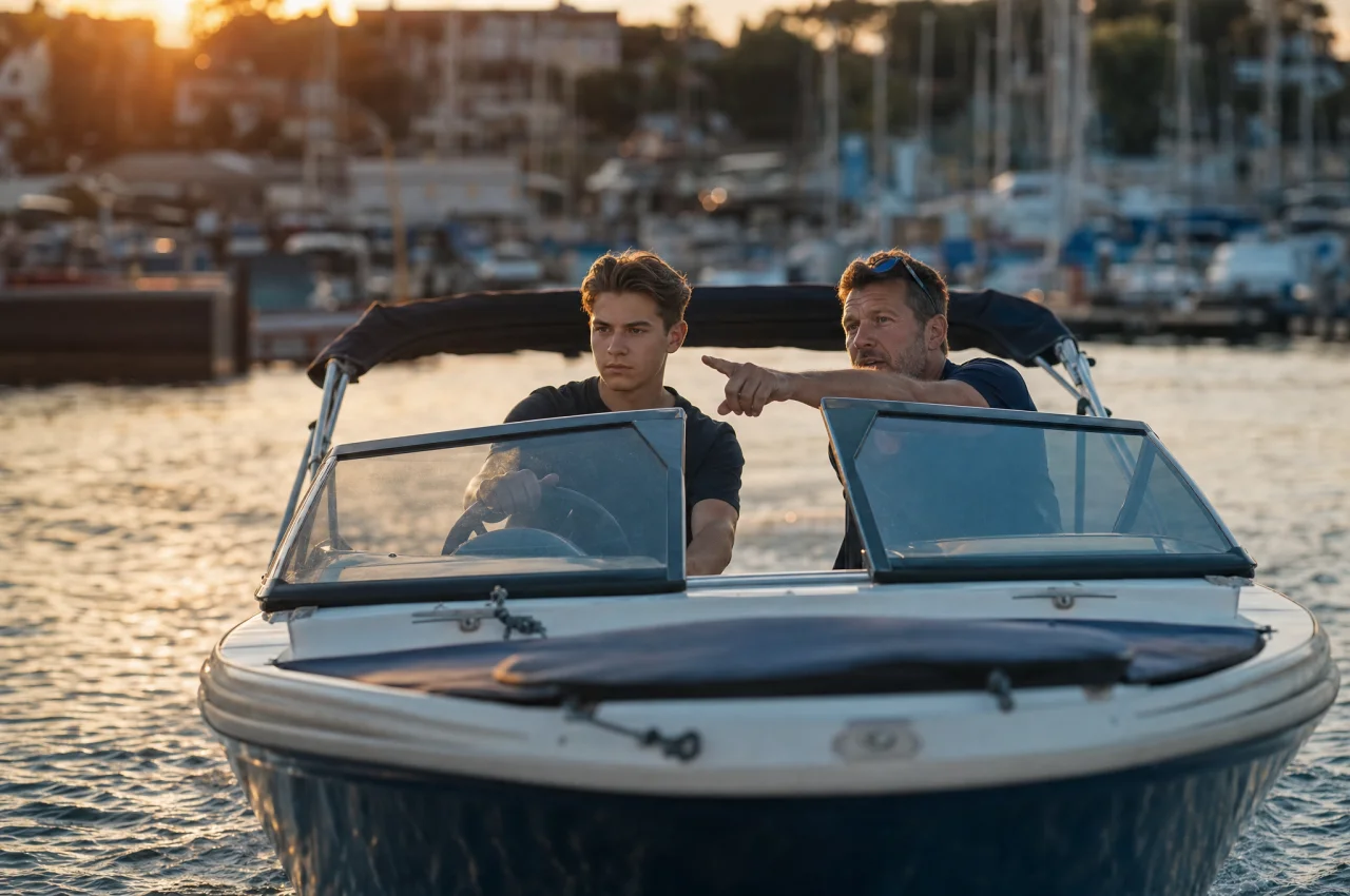 Praxisausbilder mit einem Schüler auf dem Boot