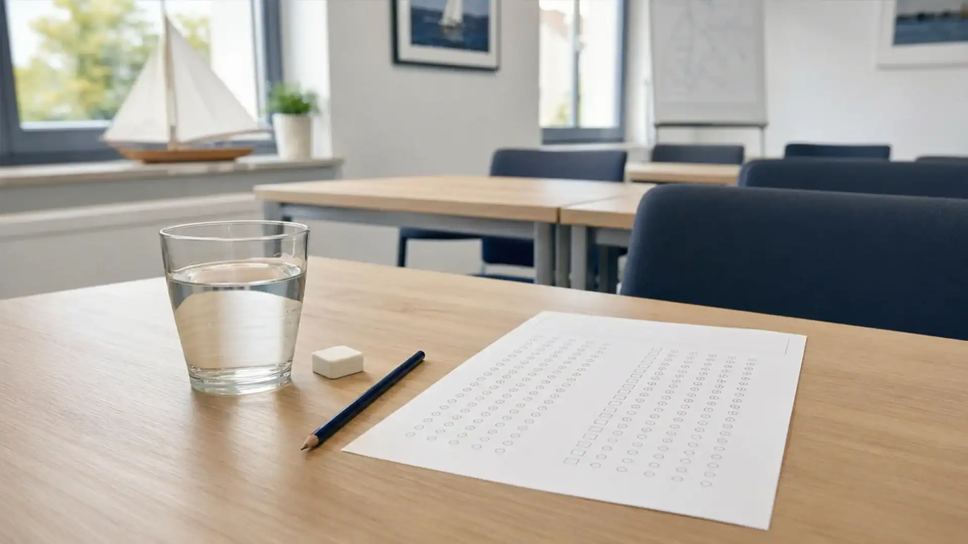 Theorieprüfung SBF Binnen mit Fragebogen am Tisch