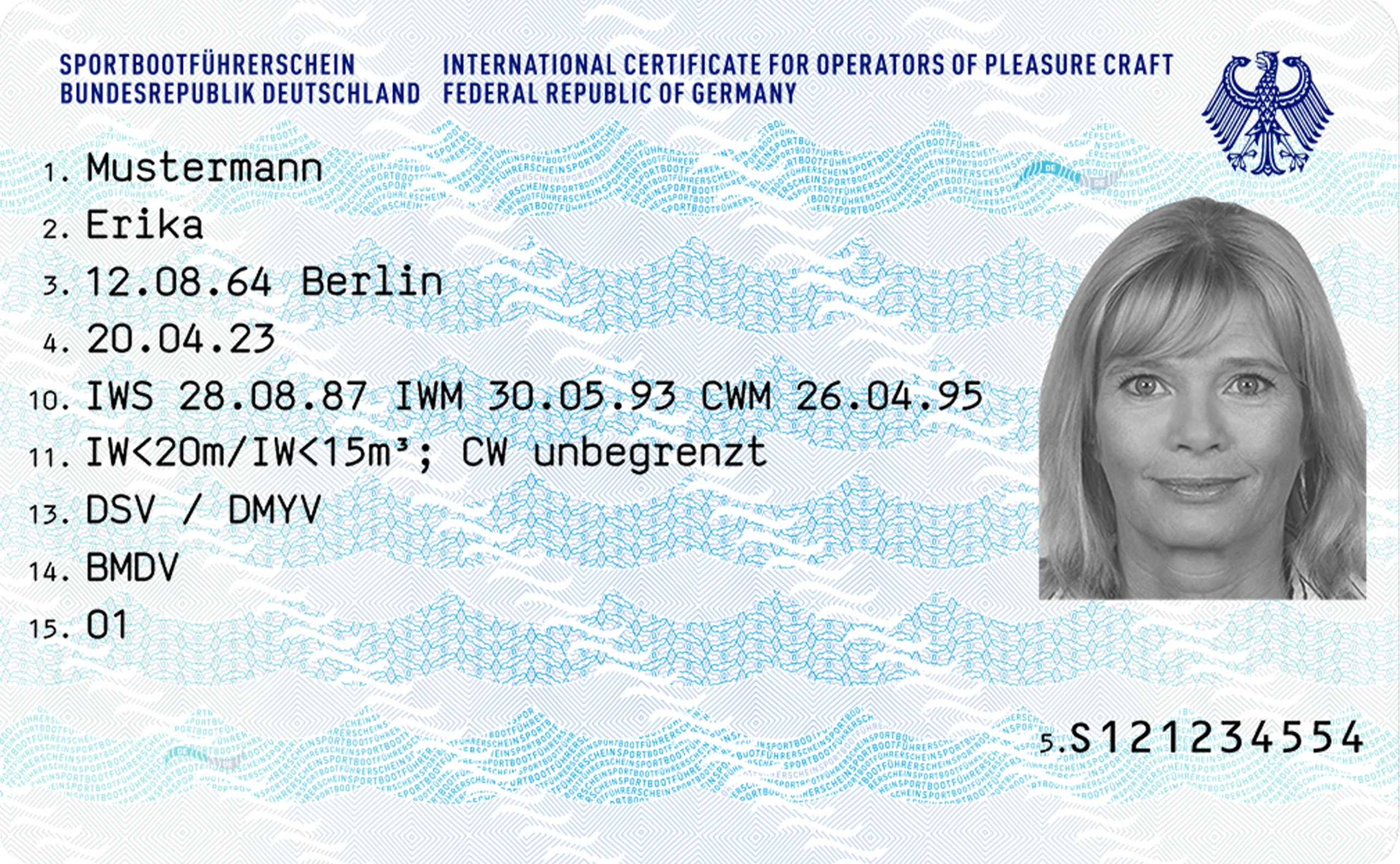 Sportbootführerschein SBF See & Binnen - Vorderseite mit Foto und Daten