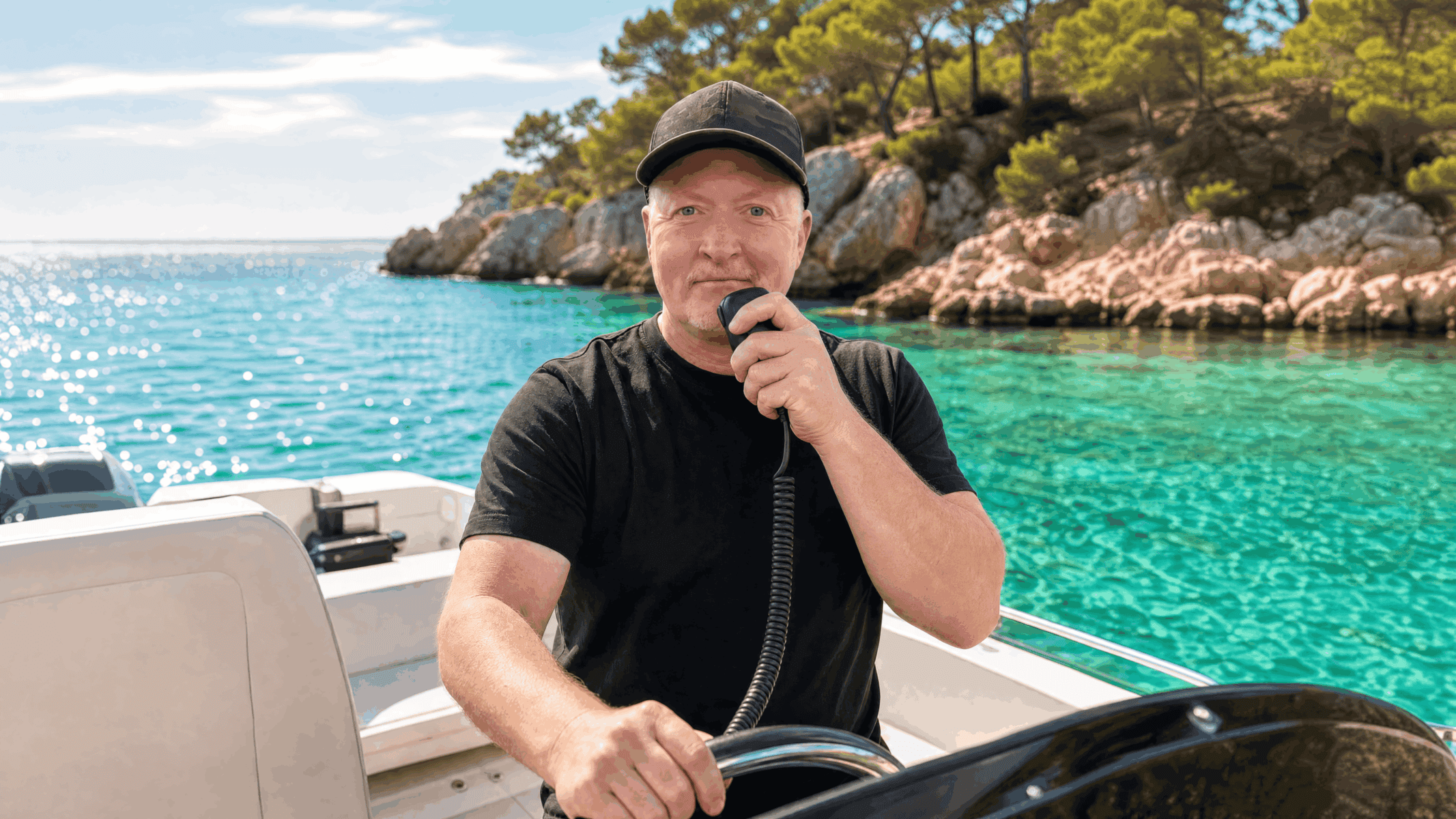 Joey Kelly beim Funken auf einem Motorboot vor Mallorca