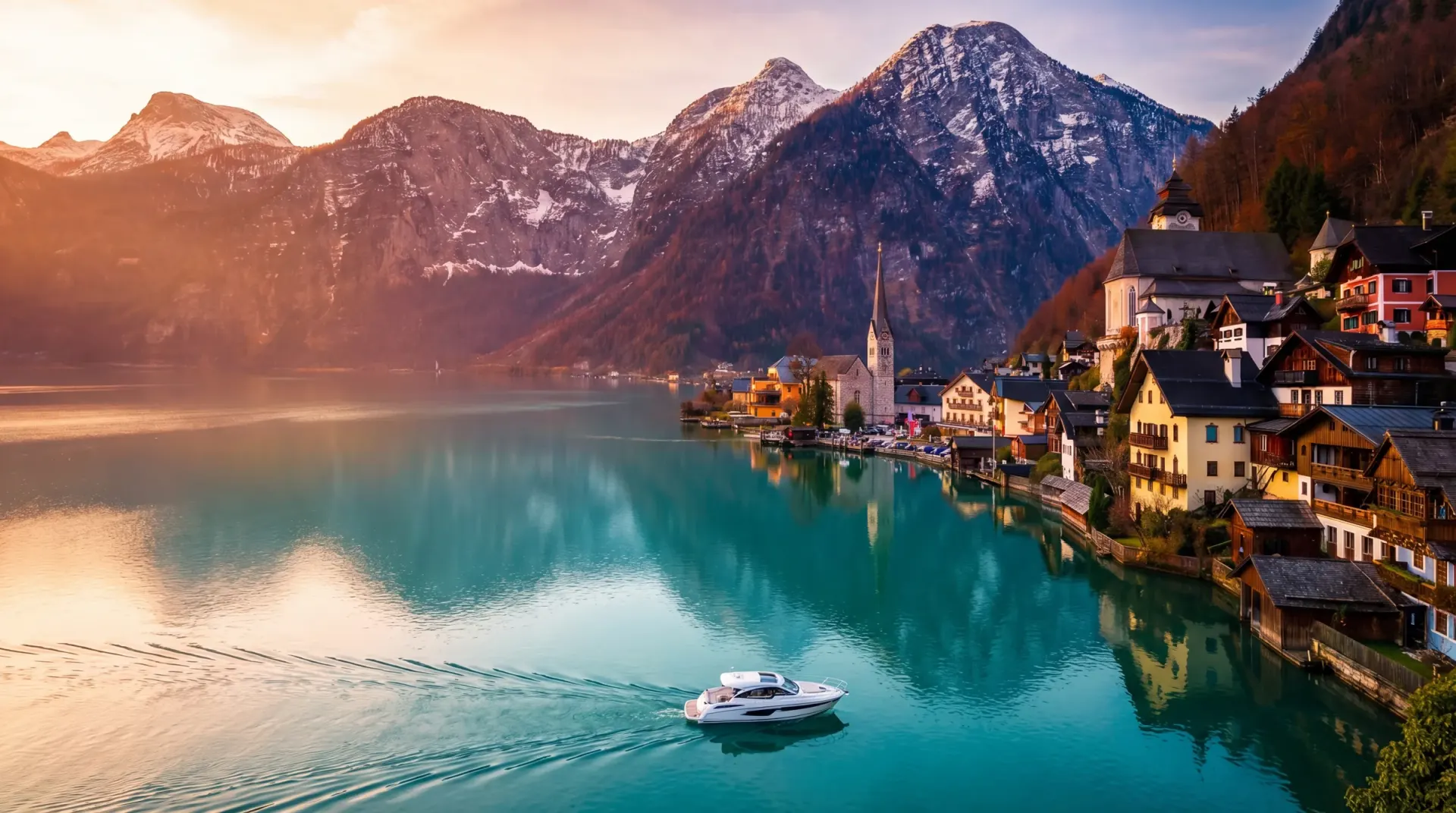Motorboot auf einem türkisen Alpensee, am Ufer ein Ort mit Kirchturm vor verschneiten Bergen