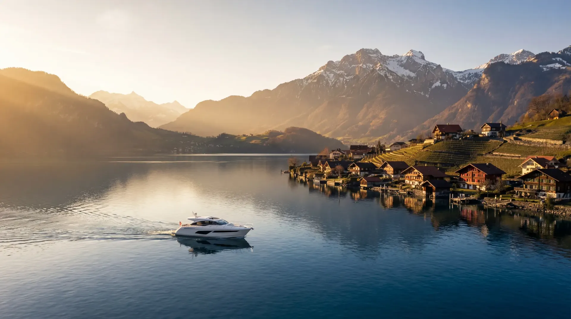 Motoryacht auf einem Schweizer Bergsee im Abendlicht, am Ufer ein Dorf mit Holzhäusern vor verschneiten Gipfeln